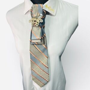 Striped Gray, Orange, and Blue Necktie with Butterfly Brooch